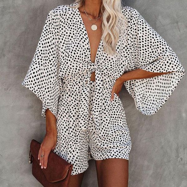 women's pants & capris bat sleeve floral print romper with tie rope women summer beach v neck jumpsuit short overalls casual temperamen, Black;white